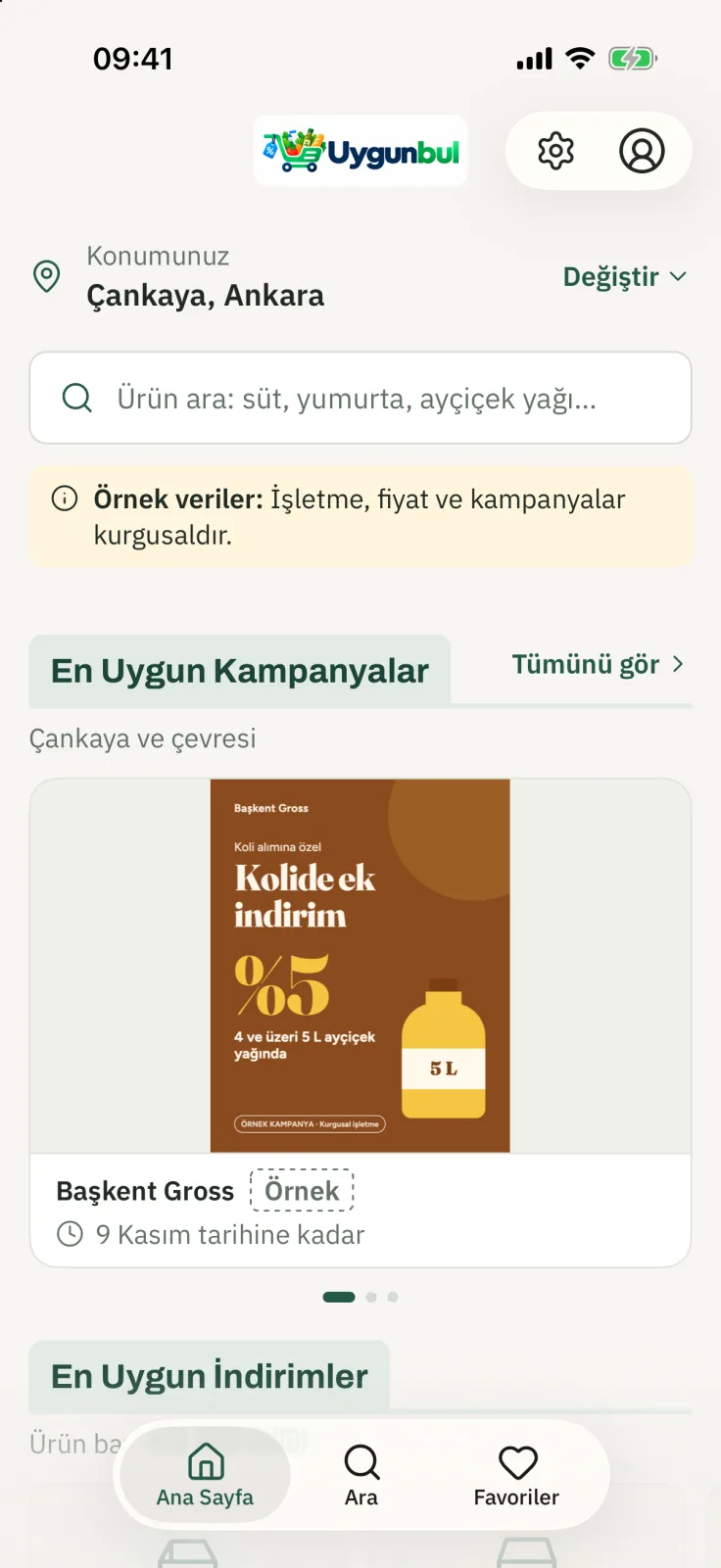Uygunbul ana sayfası: konum Çankaya, Ankara; arama kutusu ve en uygun kampanyalar